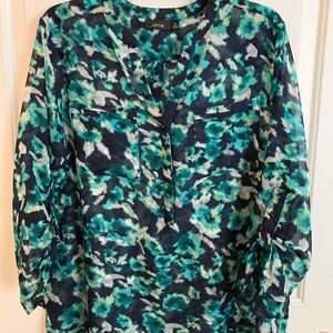 Christopher & Banks XL teal & navy,  light weight polyester long sleeve blouse